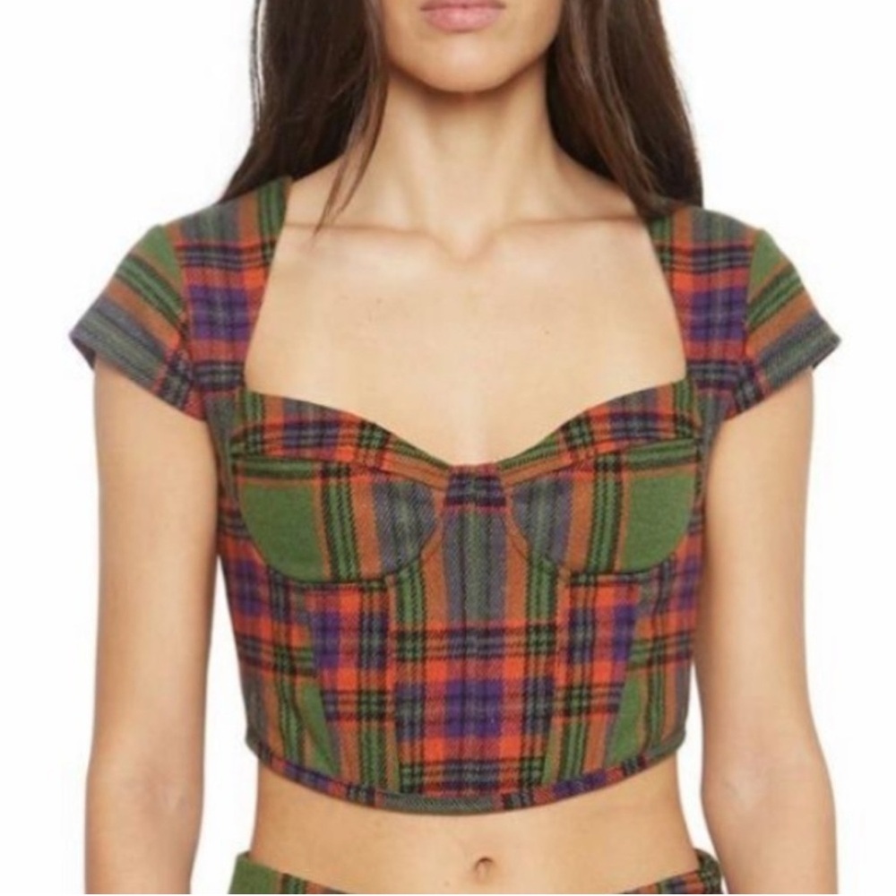 danielle guizio green plaid crop top purple orange corset